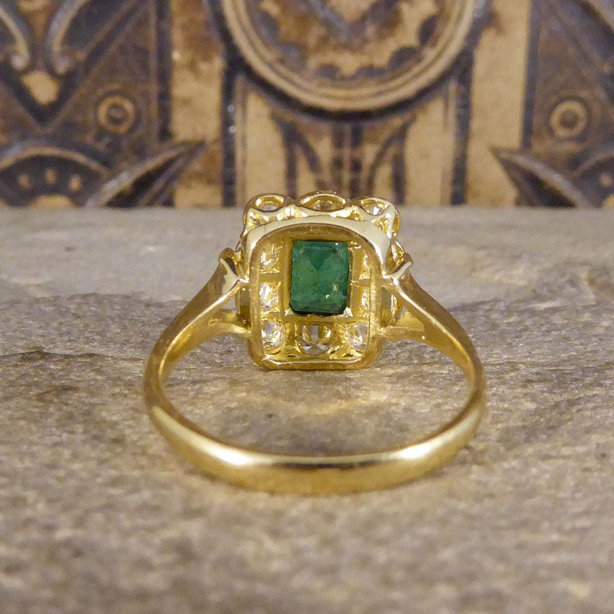 Contemporary Edwardian Style 0.90ct Emerald and 0.90ct Diamond Cluster Ring in 18ct Yellow Gold