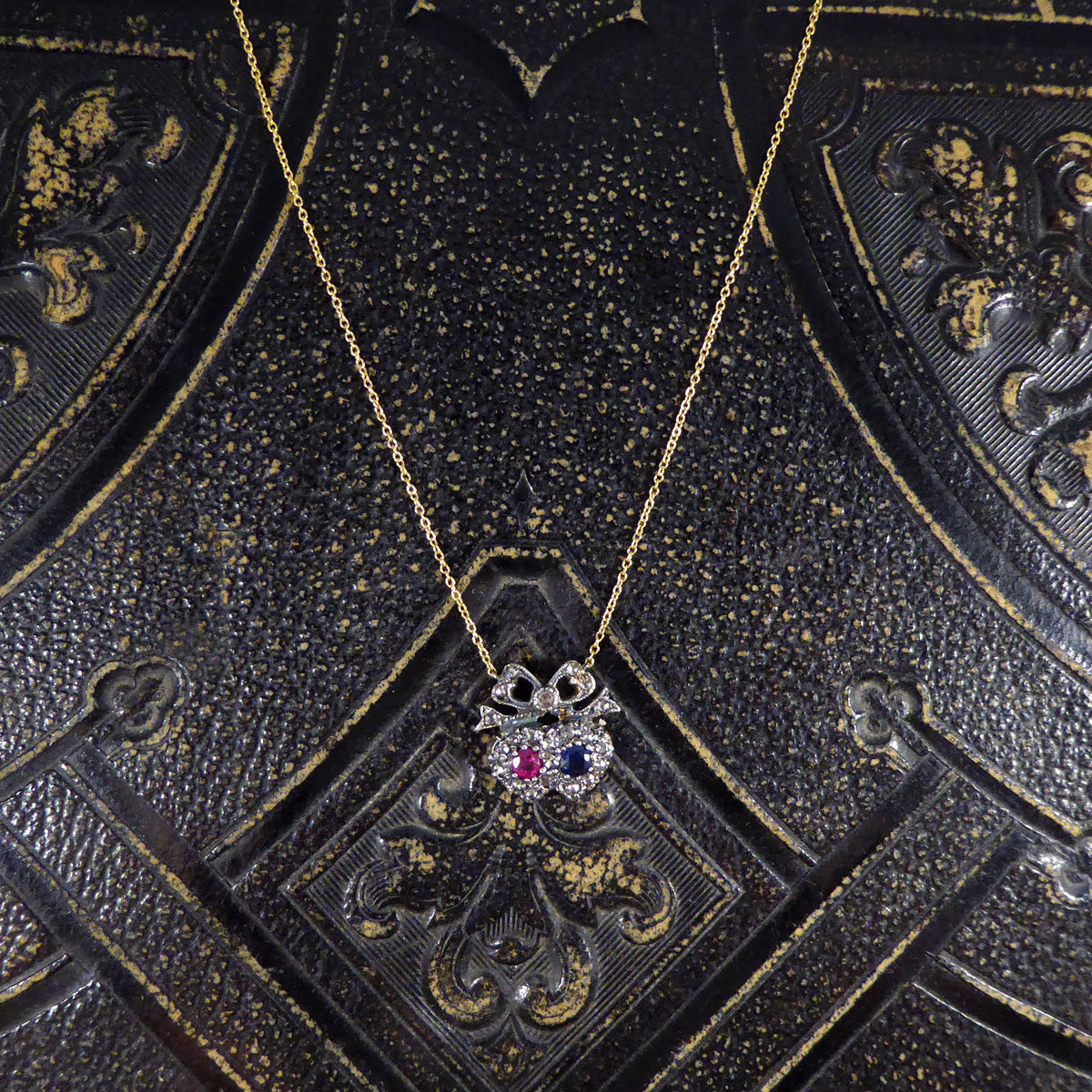 Victorian Inspired Sapphire and Ruby Double Heart Diamond Cluster Necklace with 18ct Yellow Gold Chain - Wharfedale Antiques