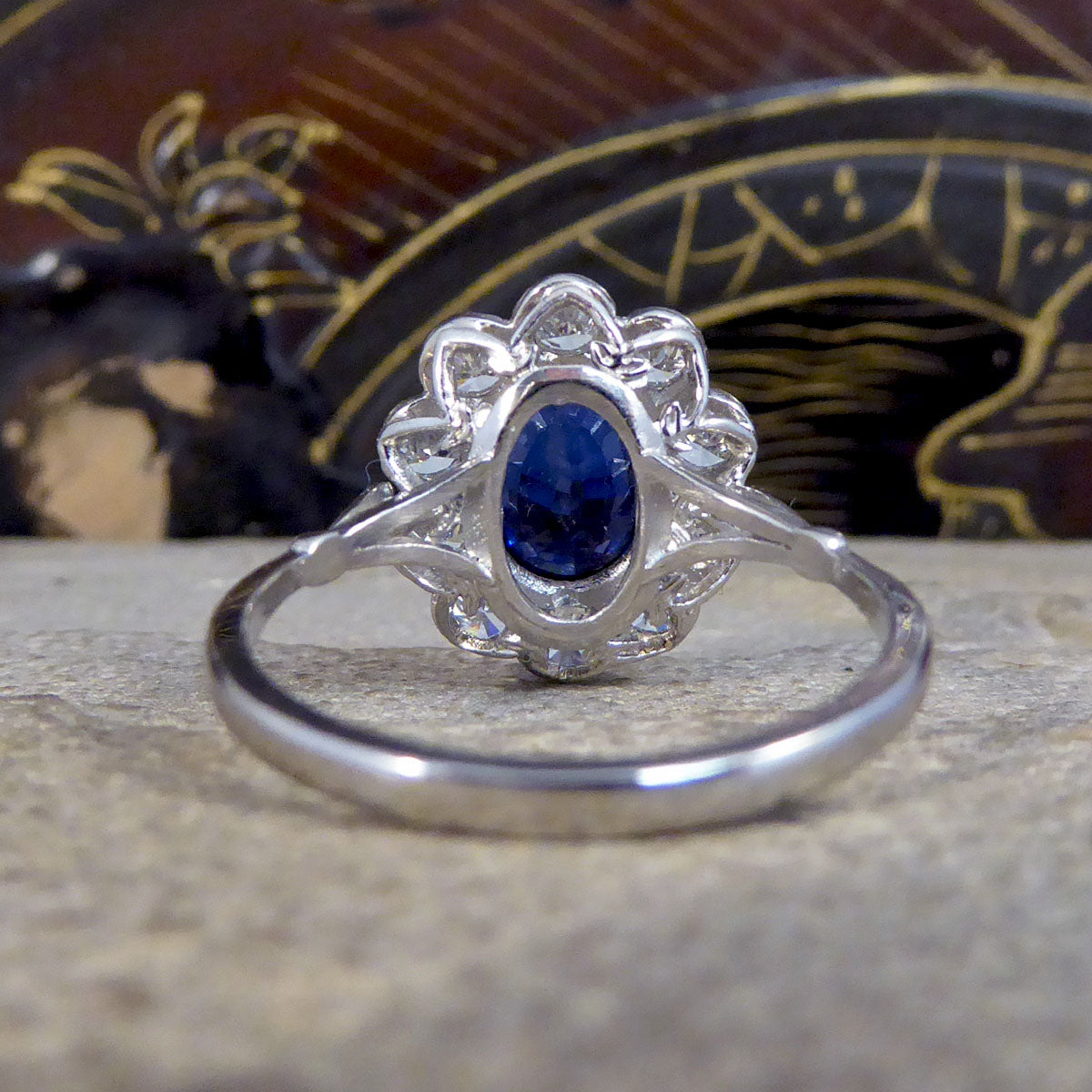 2.07ct Sapphire and 0.95ct Total Diamond Cluster Ring in Platinum - Wharfedale Antiques