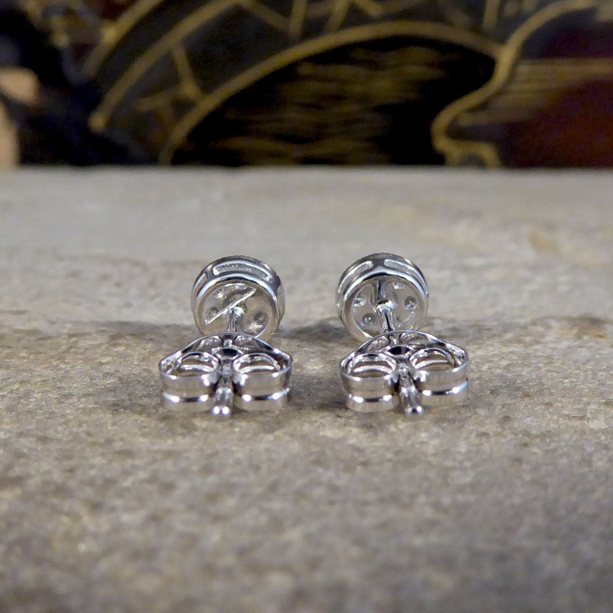 Diamond Cluster Stud Earrings in 9ct White Gold Milgrain Circular Setting - Wharfedale Antiques