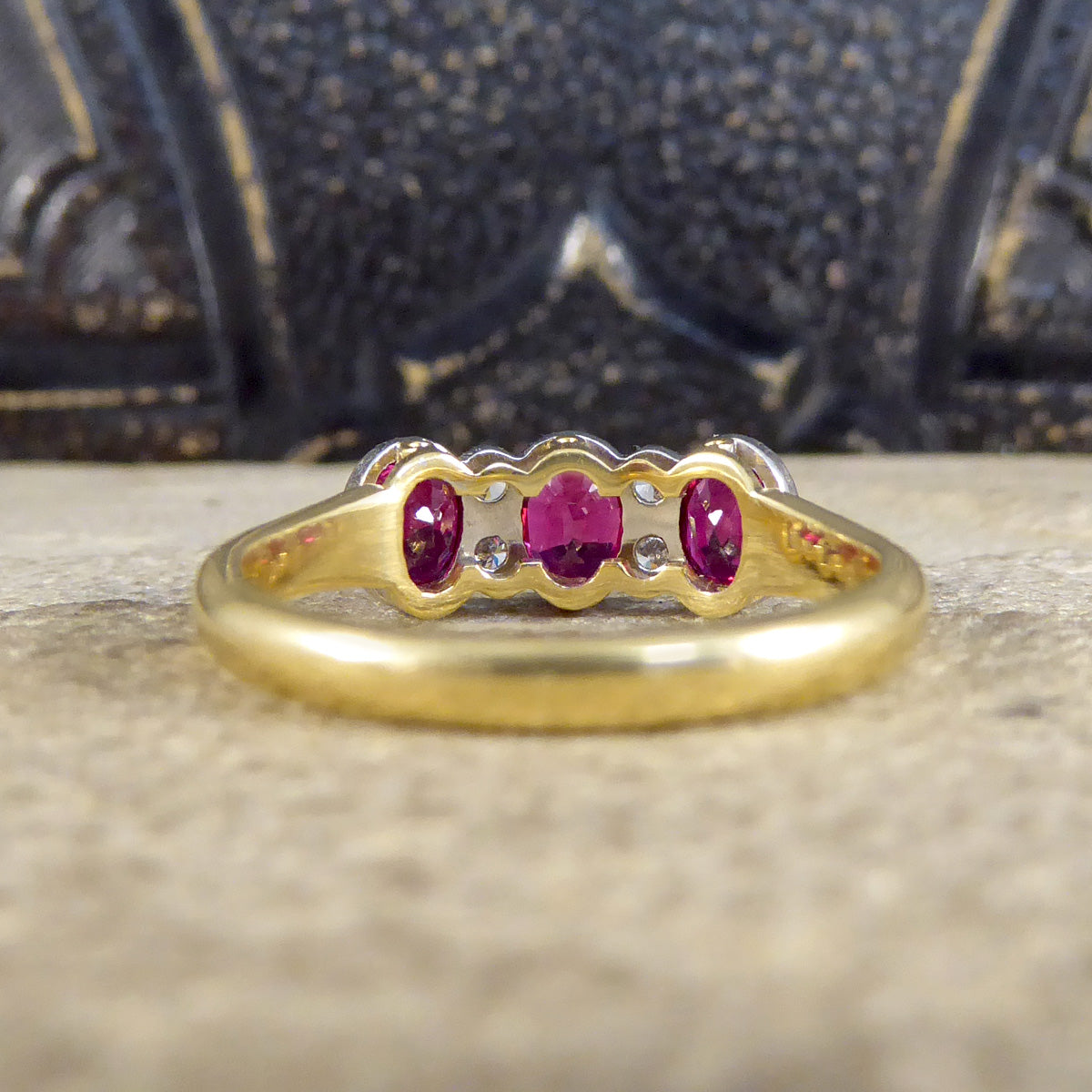 Quality Burma Ruby Three Stone Ring with Diamond Spacers in 18ct Yellow and White Gold - Wharfedale Antiques