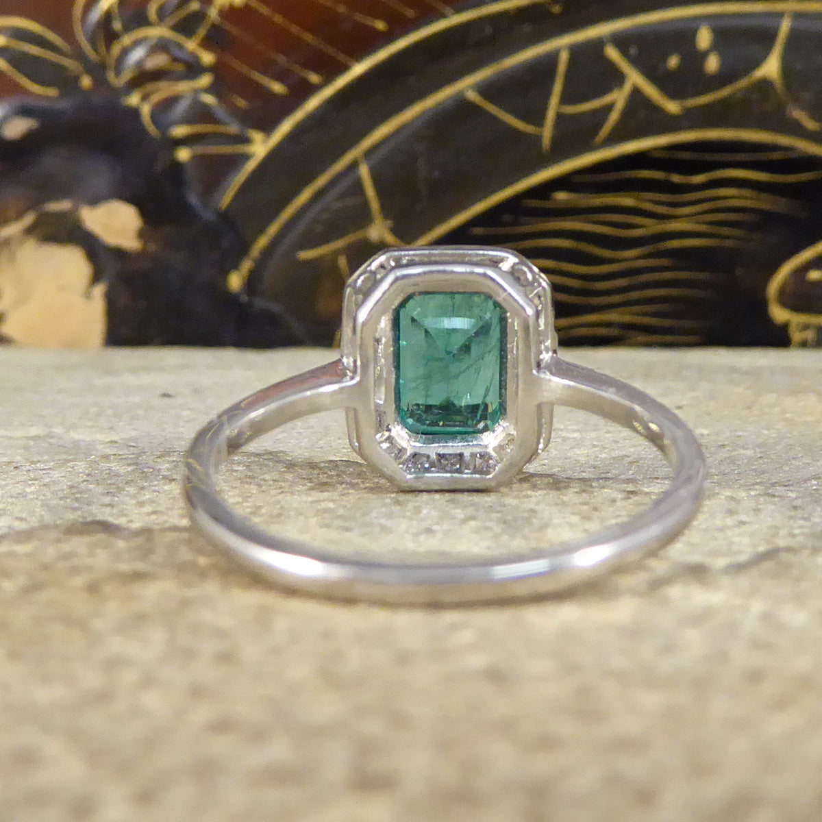 Art Deco Inspired 0.90ct Emerald and Diamond Cluster Ring in Platinum - Wharfedale Antiques