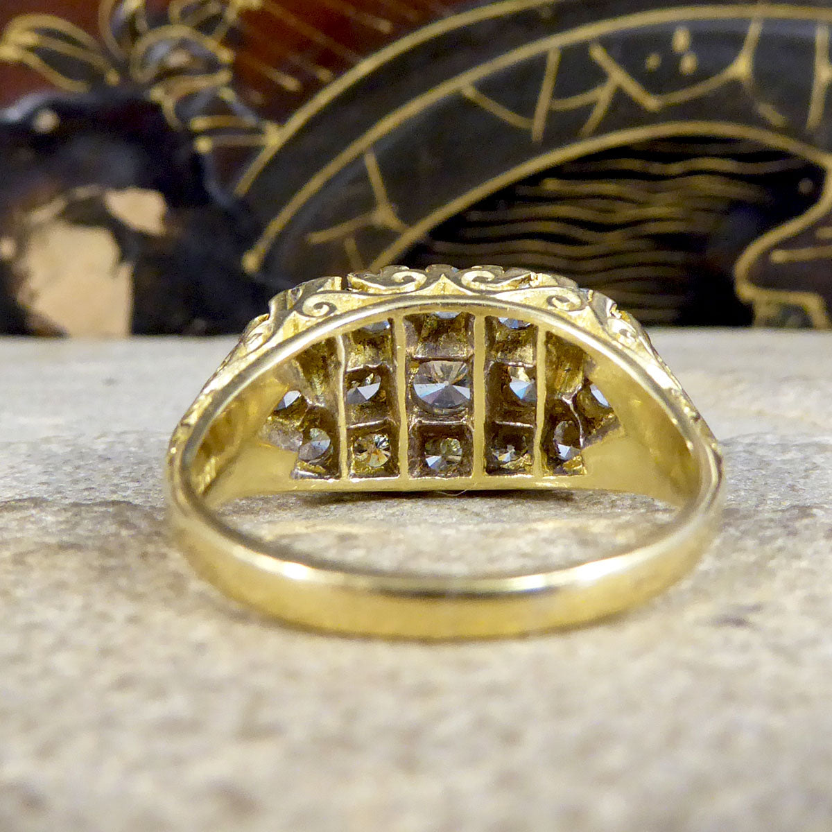 1.40ct Diamond Three Row Cluster Ring with Detailed Gallery in 18ct Yellow Gold - Wharfedale Antiques