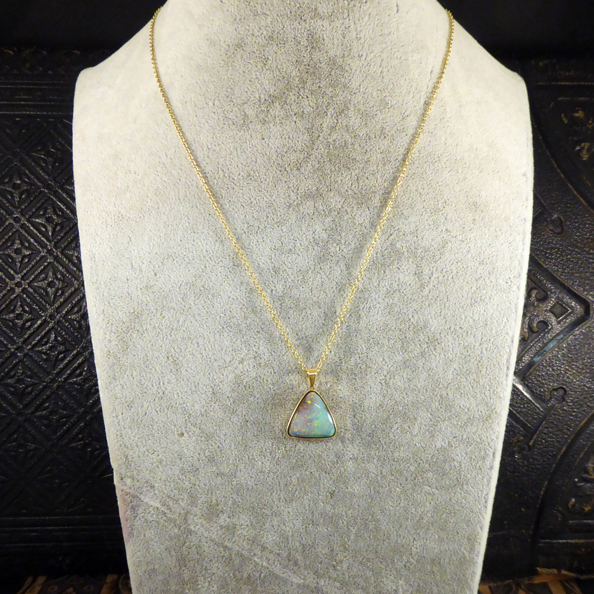 Black Opal Triangular Necklace set in 18ct Yellow Gold on Yellow Gold Trace Chain - Wharfedale Antiques