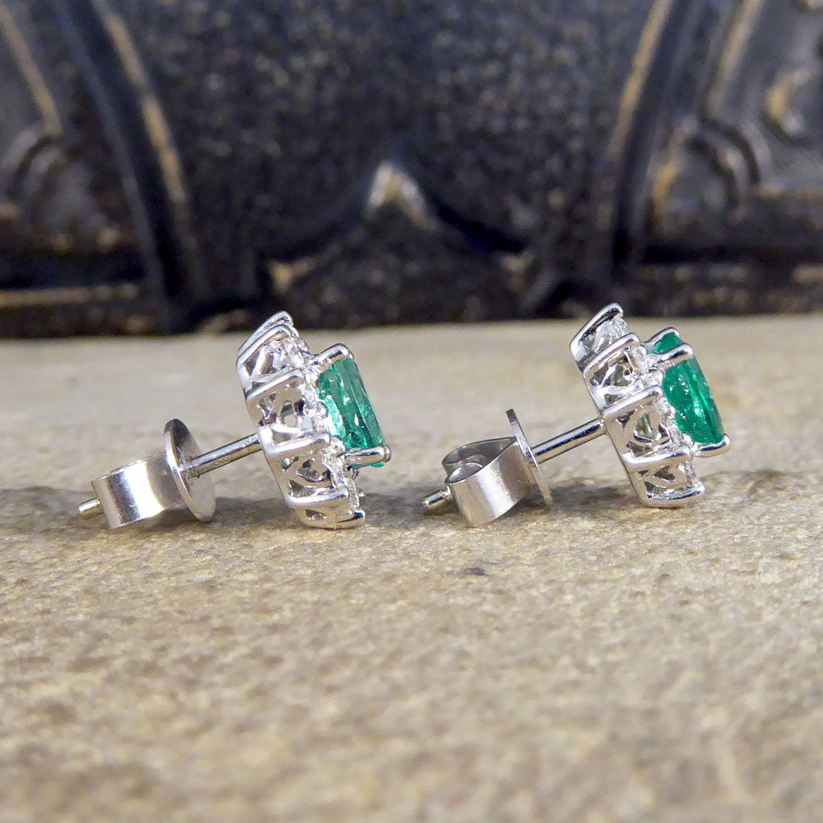 Contemporary Emerald and Diamond Cluster Earrings in 18ct White Gold - Wharfedale Antiques