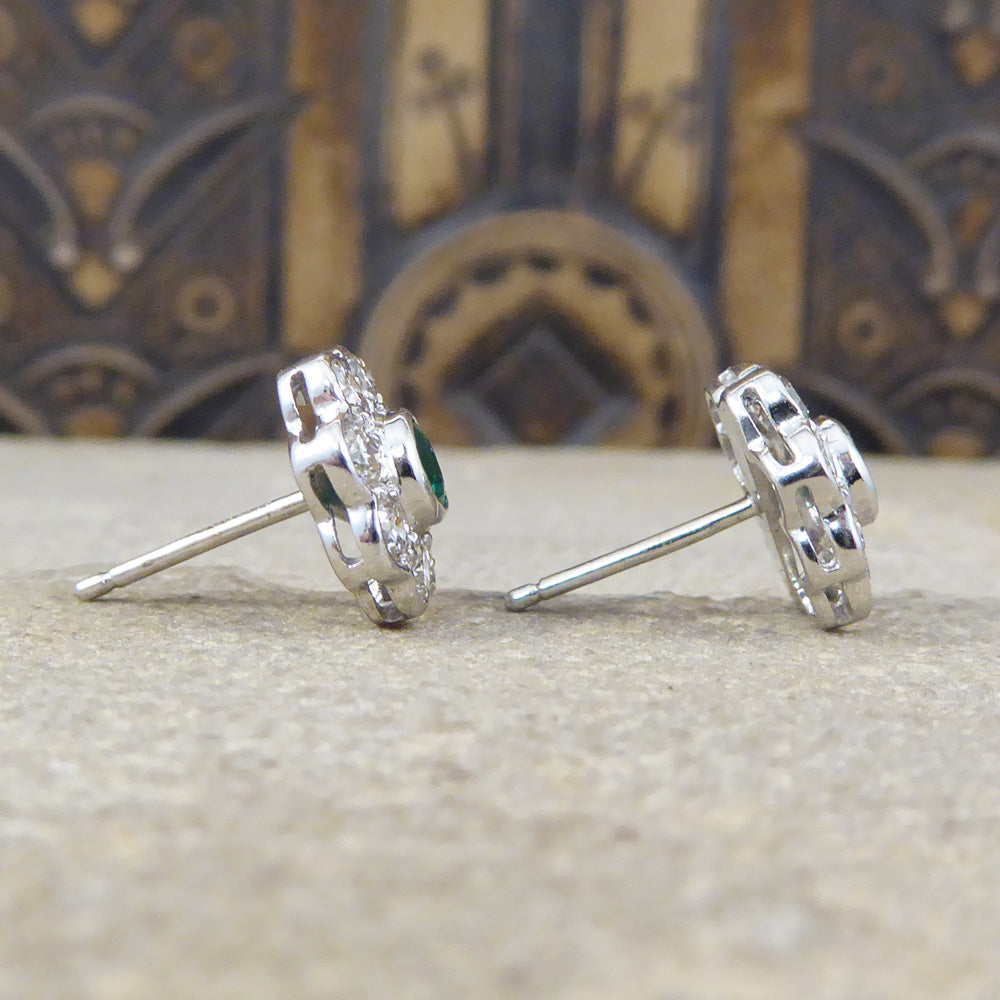 Contemporary Emerald and Diamond Cluster Earrings in 18ct White Gold - Wharfedale Antiques