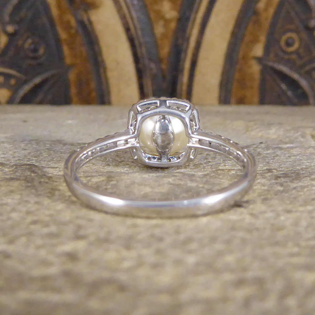 Fresh Water Culture Pearl and Diamond Square Halo Ring in White Gold - Wharfedale Antiques