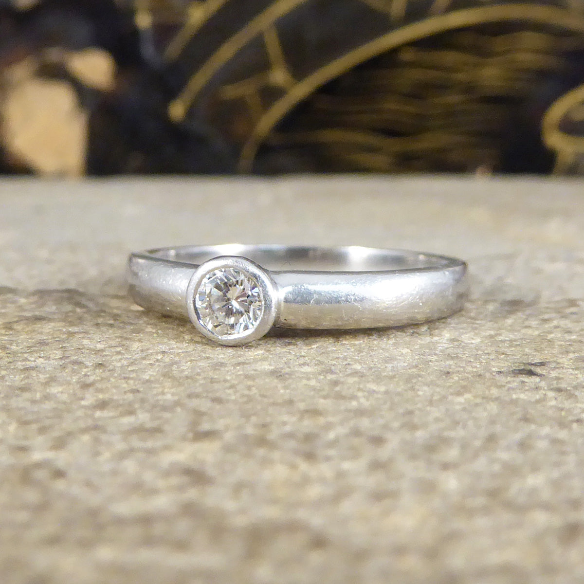 Vintage Rub Over Collar Set Diamond Solitaire Ring in Platinum - Wharfedale Antiques