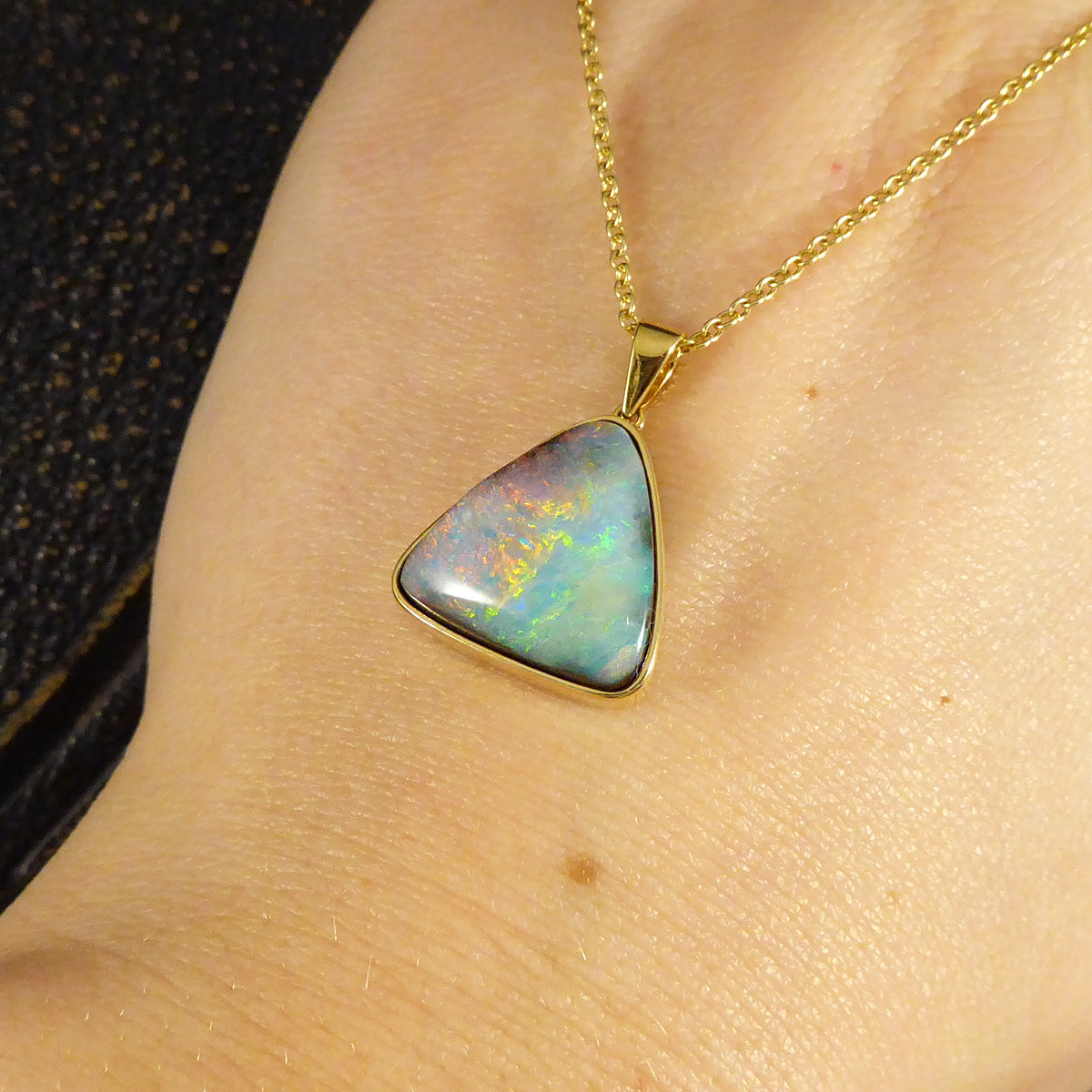 Black Opal Triangular Necklace set in 18ct Yellow Gold on Yellow Gold Trace Chain - Wharfedale Antiques