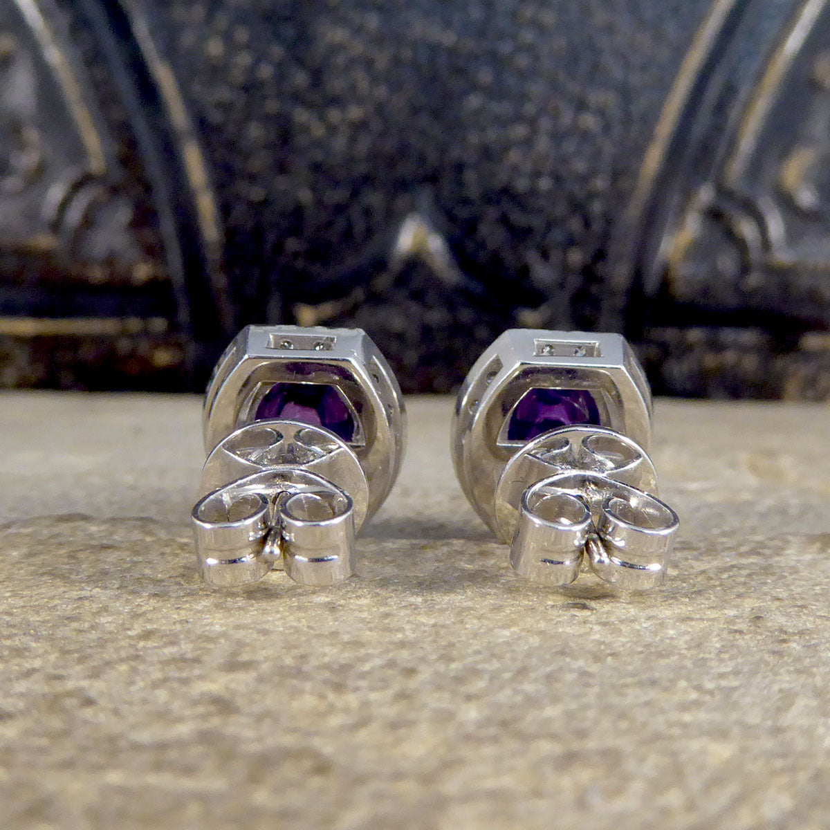 3.40ct Cabochon Cut Purple Sapphire and Diamond Halo Cluster Stud Earrings - Wharfedale Antiques