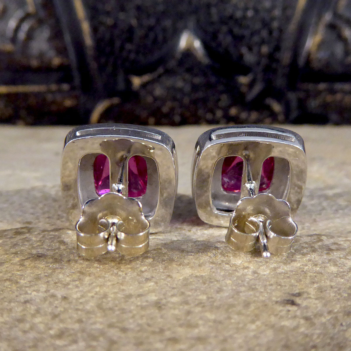 5.78ct Sugarloaf Cut Pink Tourmaline and Diamond Halo Cluster Stud Earrings in 18ct White Gold - Wharfedale Antiques