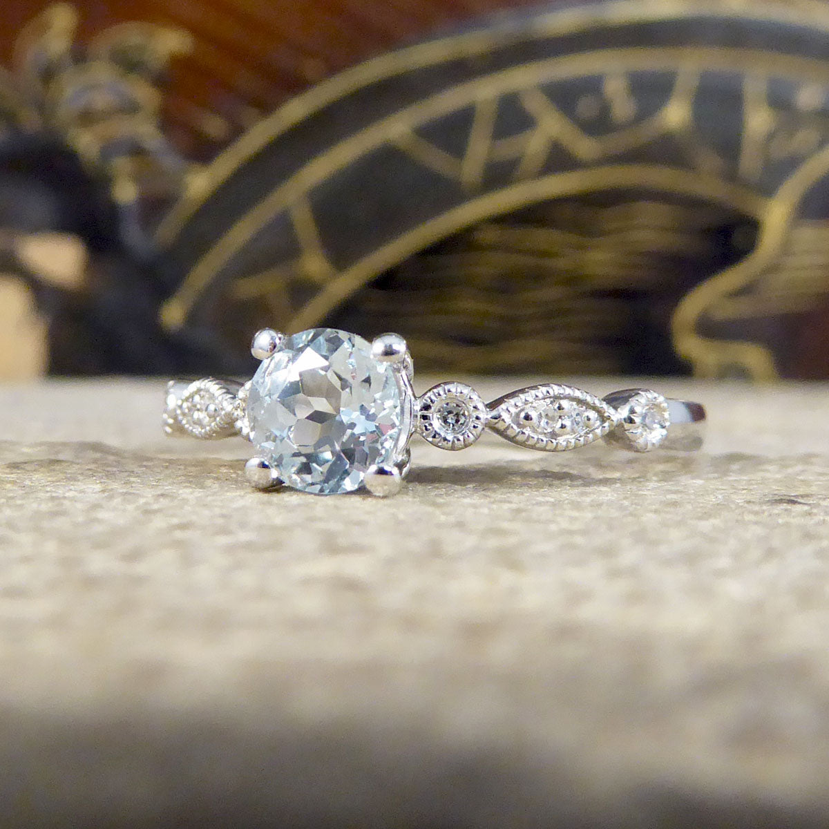Aquamarine Solitaire Ring with Diamond Milgrain Shoulders in White Gold - Wharfedale Antiques