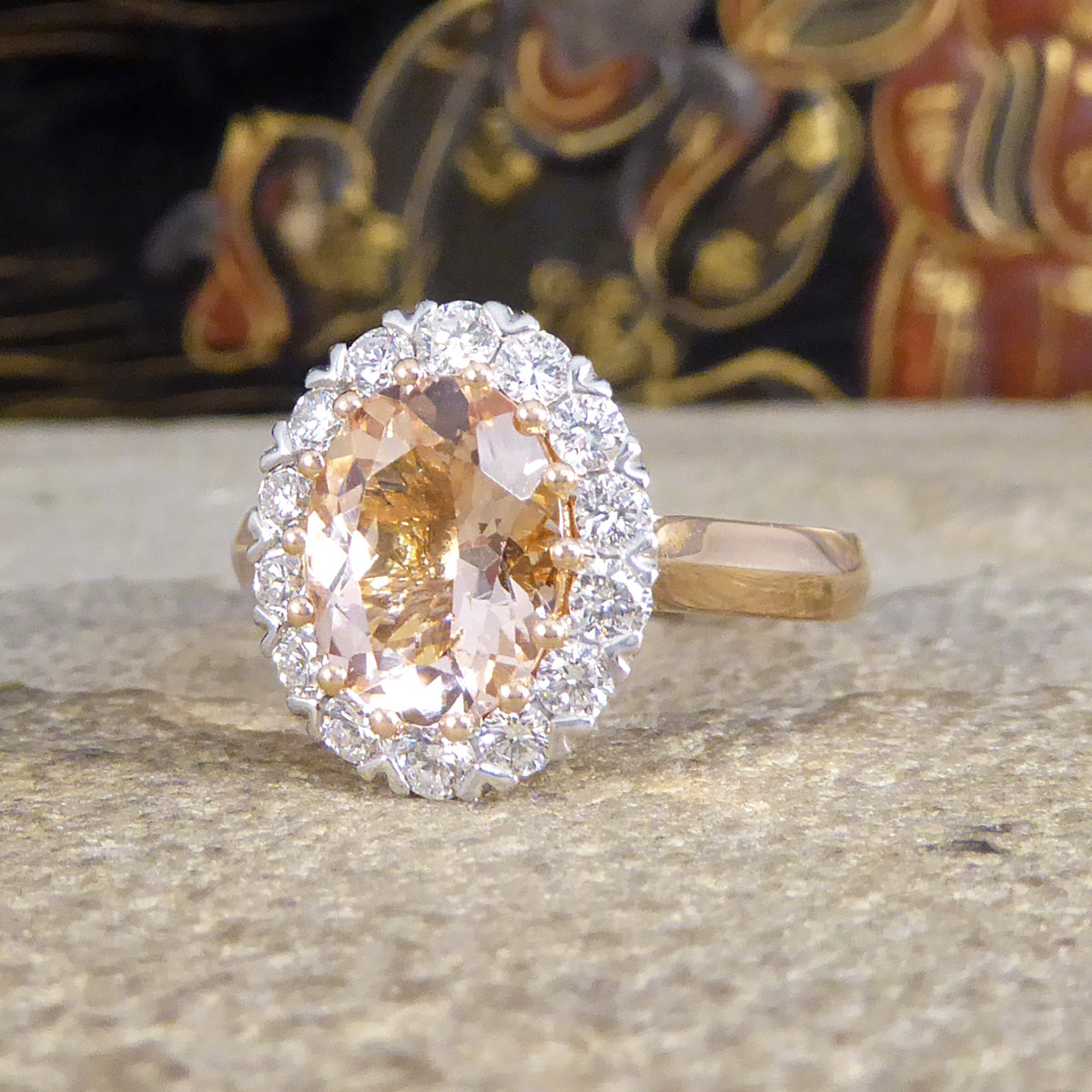 1.82ct Pink Morganite and Diamond Cluster Ring in 18ct White and Rose Gold - Wharfedale Antiques