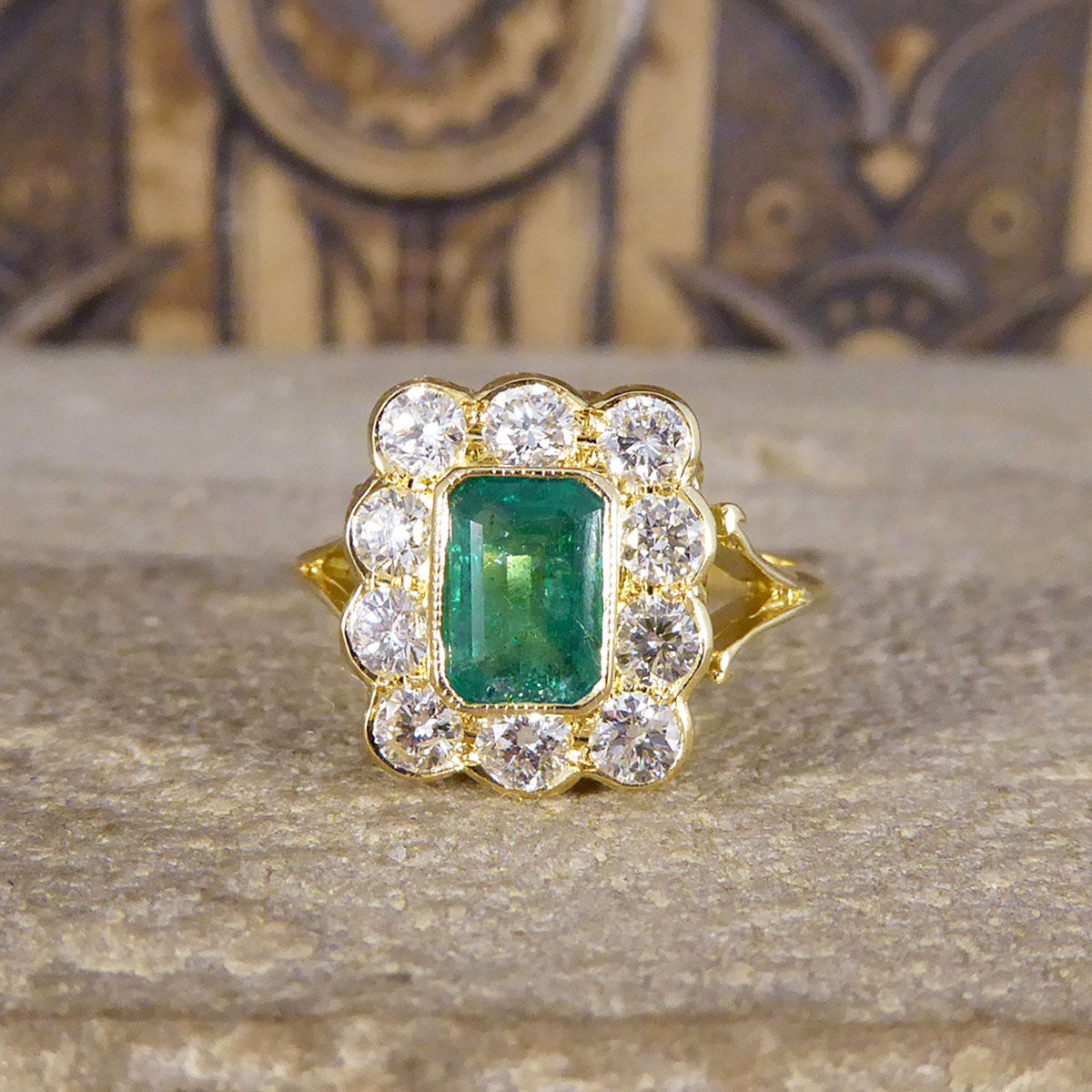 Contemporary Edwardian Style 0.90ct Emerald and 0.90ct Diamond Cluster Ring in 18ct Yellow Gold