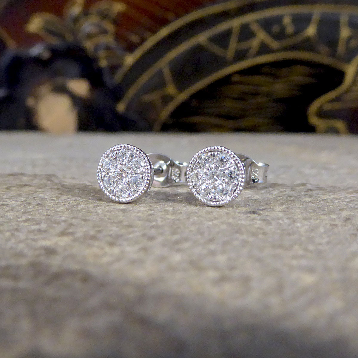 Diamond Cluster Stud Earrings in 9ct White Gold Milgrain Circular Setting - Wharfedale Antiques