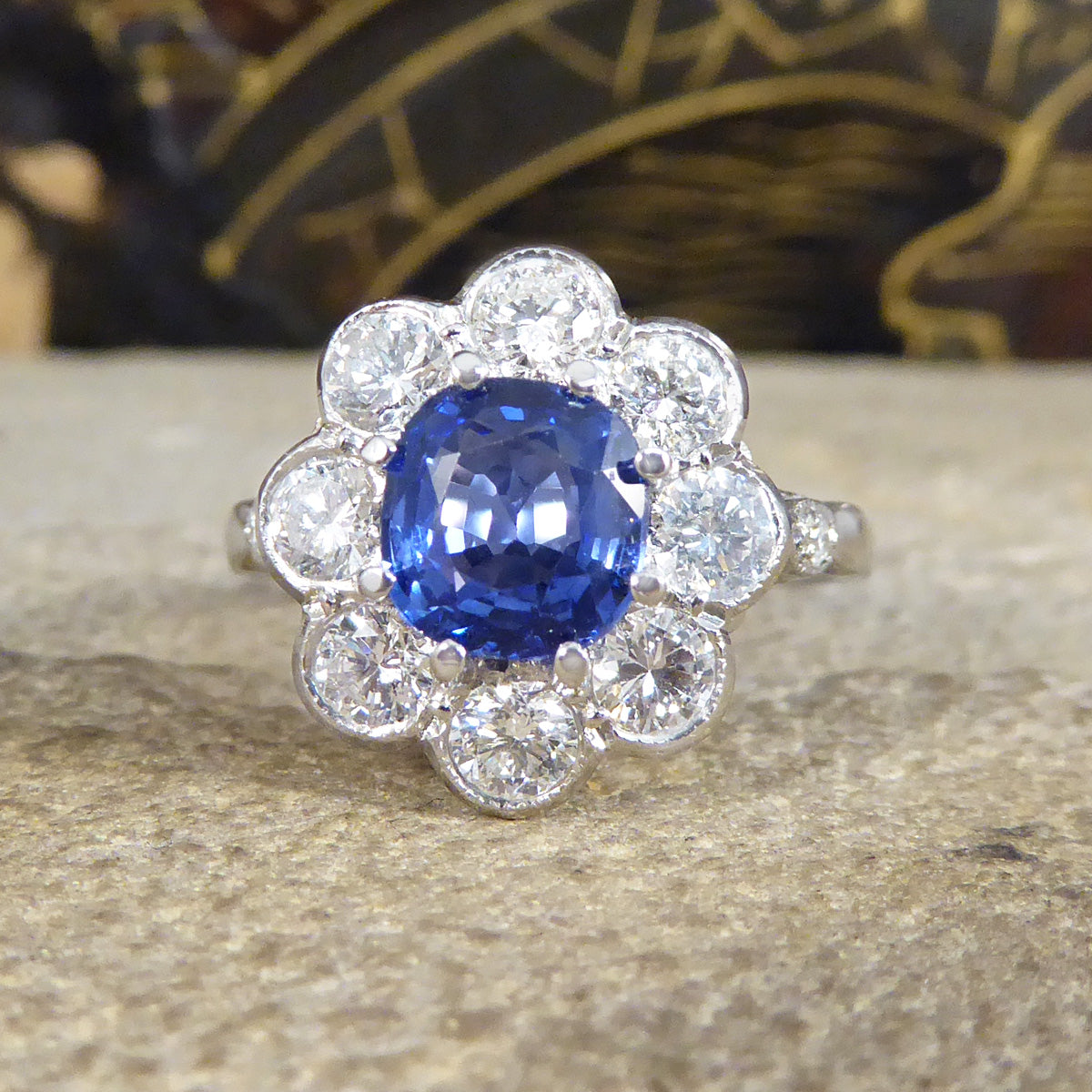 Contemporary Edwardian Style 1.50ct Sapphire and 1.10ct Diamond Cluster Ring in Platinum - Wharfedale Antiques