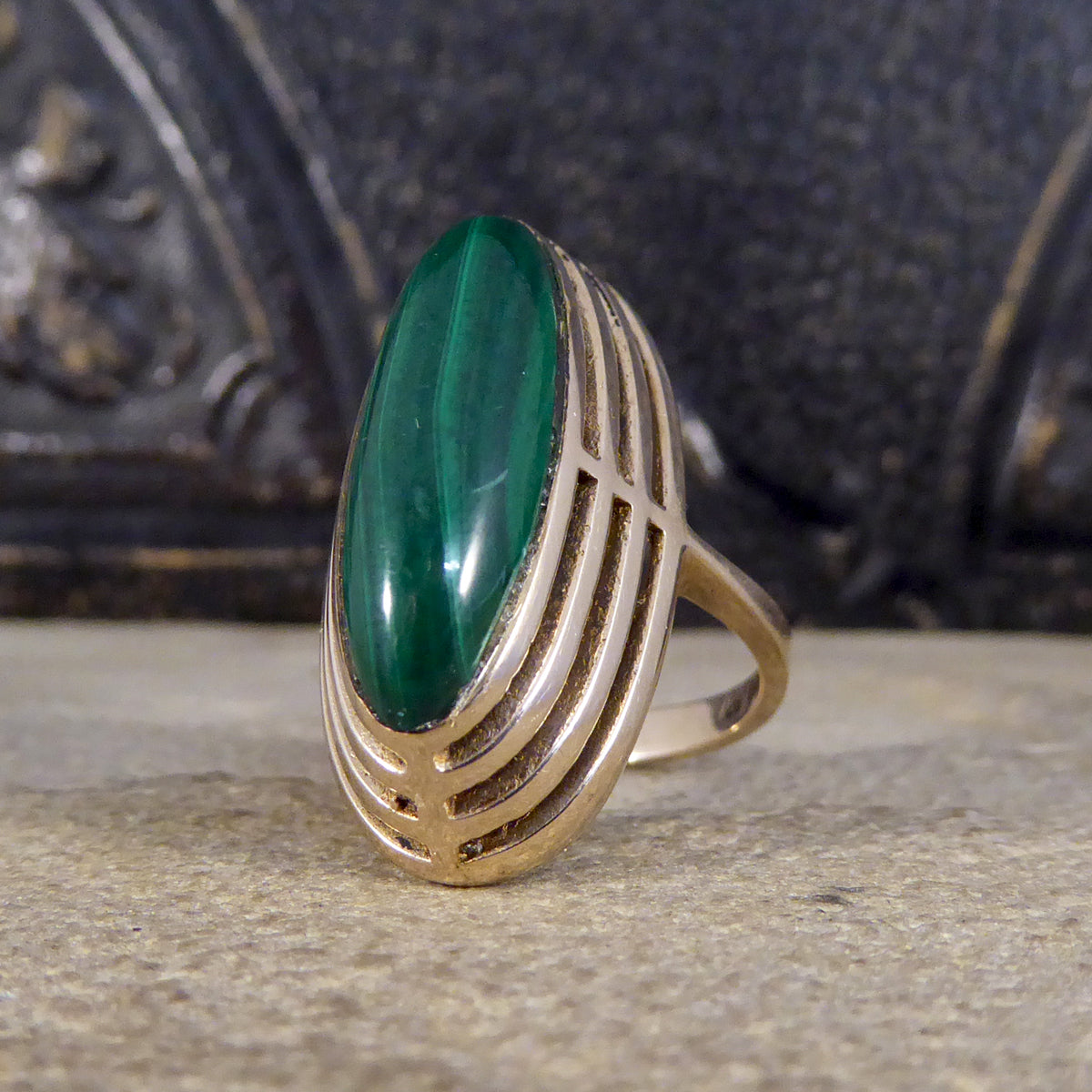 Art Deco High Set Malachite Ring in 9ct Yellow Gold - Wharfedale Antiques