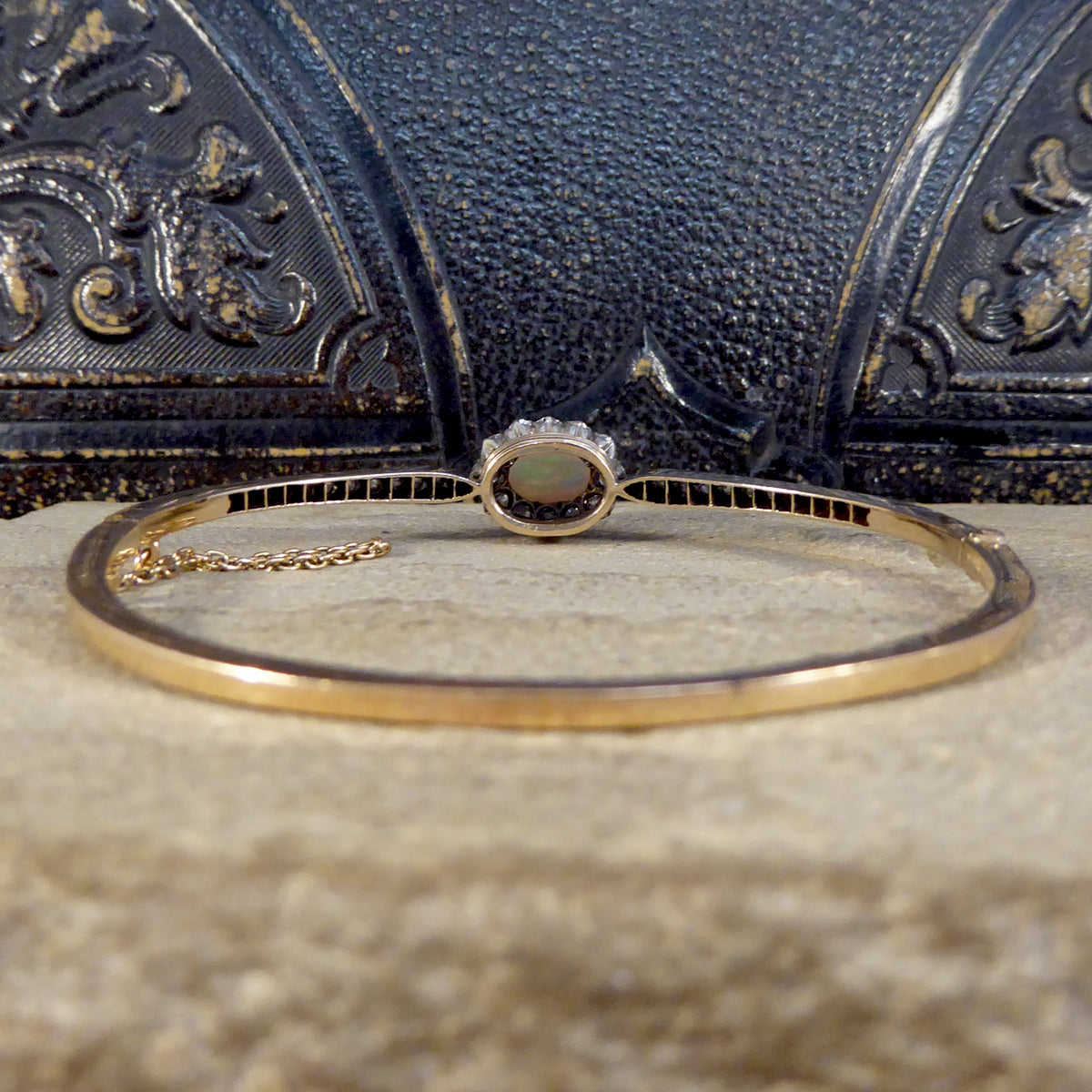 Late Victorian Opal and Diamond Cluster Bangle in 14ct Yellow Gold and Silver