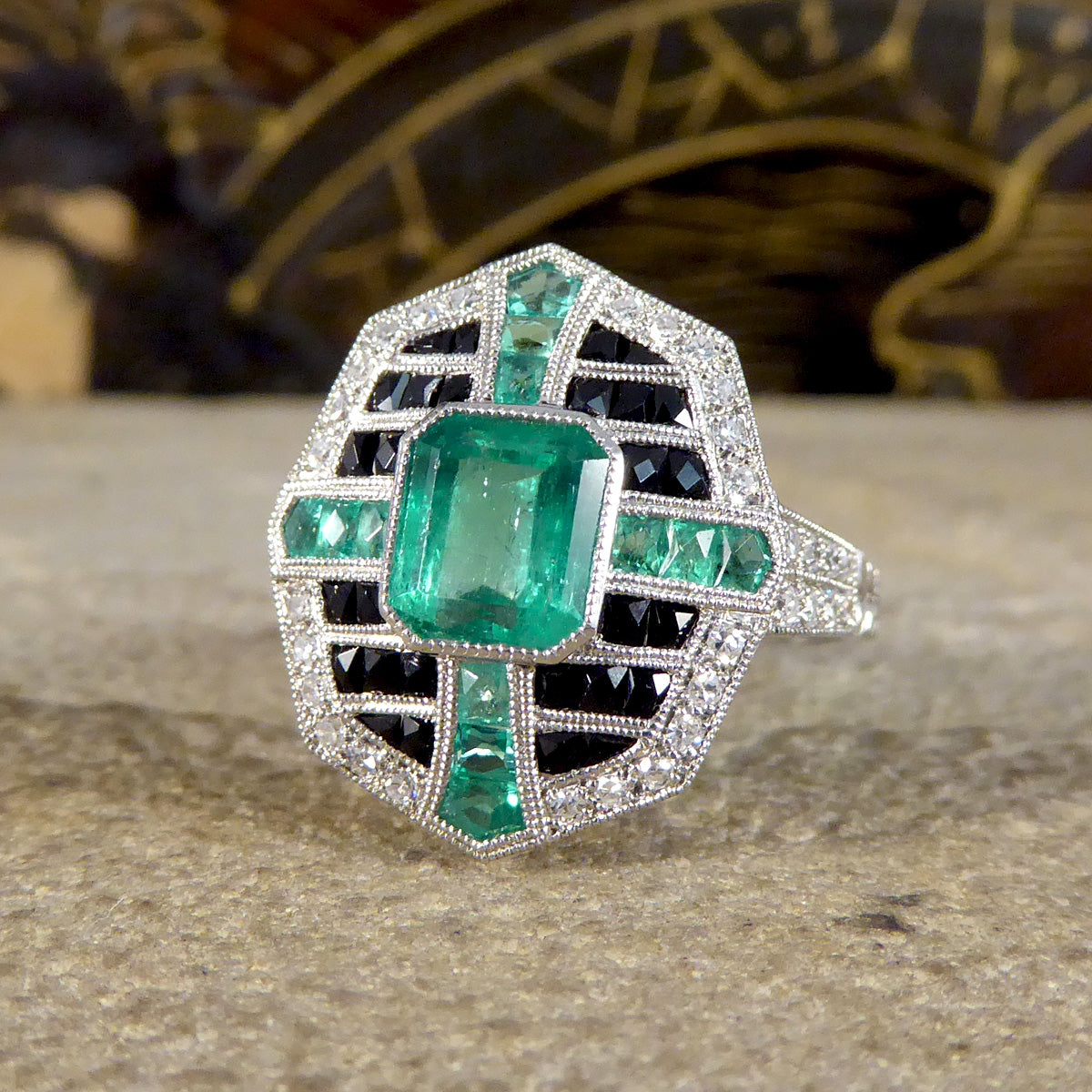 Art Deco Style Vintage Emerald Onyx and Diamond Geometric Cluster Ring in Platinum