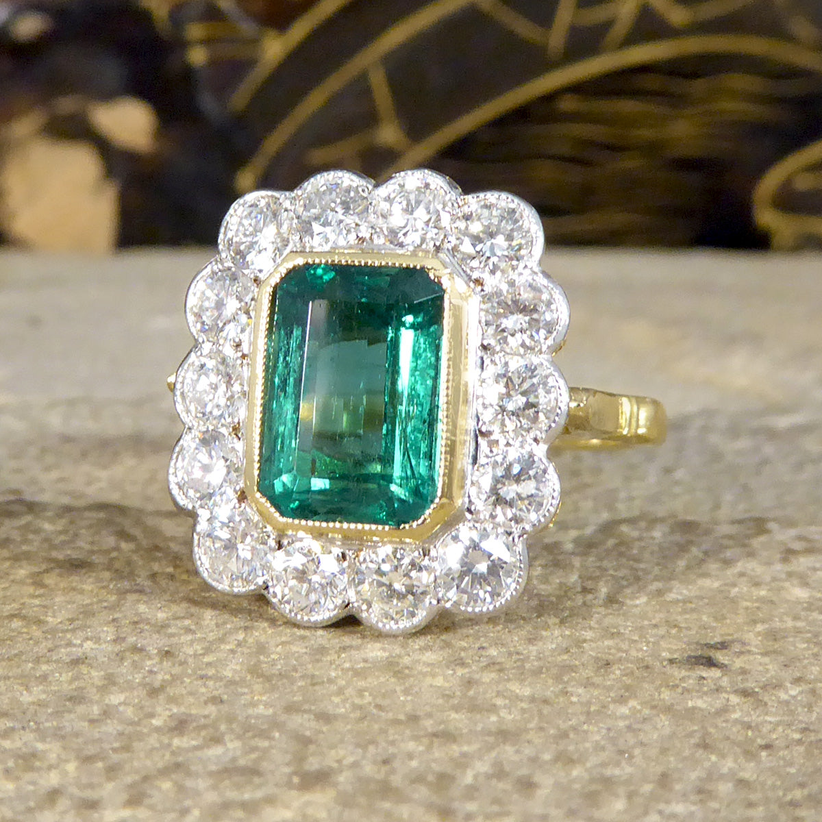 Contemporary Edwardian Style 2.50ct Emerald and 1.20ct Diamond Cluster Ring in 18ct Gold - Wharfedale Antiques