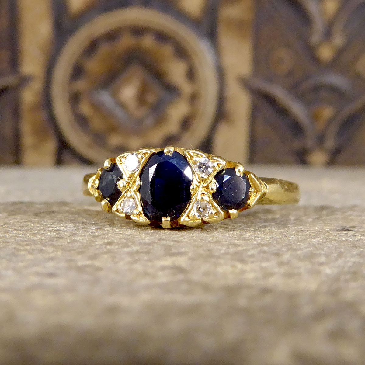 Antique Sapphire and Diamond Boat Ring in 18ct Yellow Gold - Wharfedale Antiques