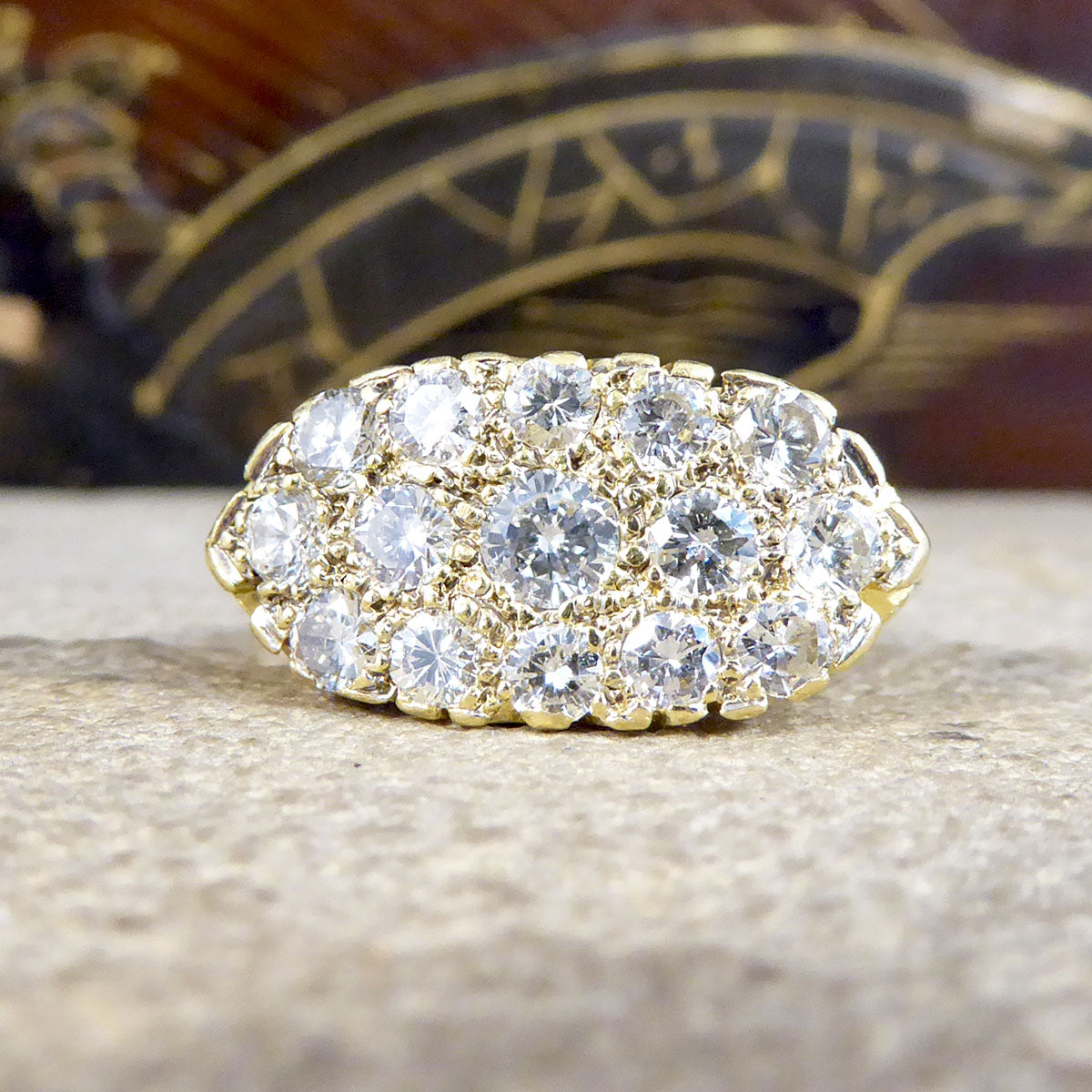 1.40ct Diamond Three Row Cluster Ring with Detailed Gallery in 18ct Yellow Gold - Wharfedale Antiques