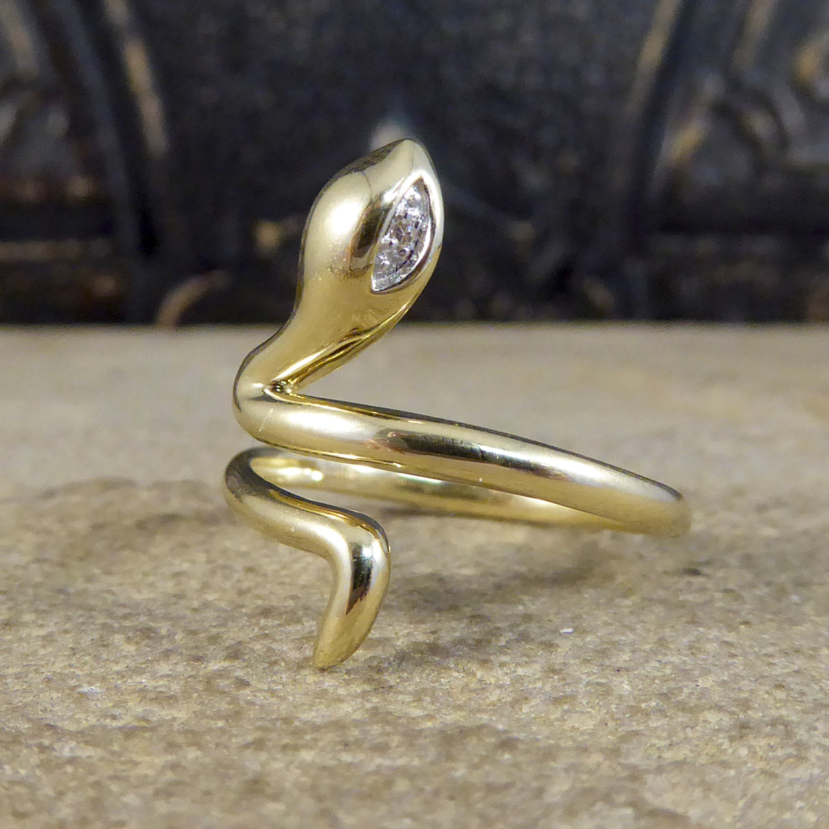 Contemporary New Diamond set Eyed Snake Ring in 9ct Yellow Gold - Wharfedale Antiques