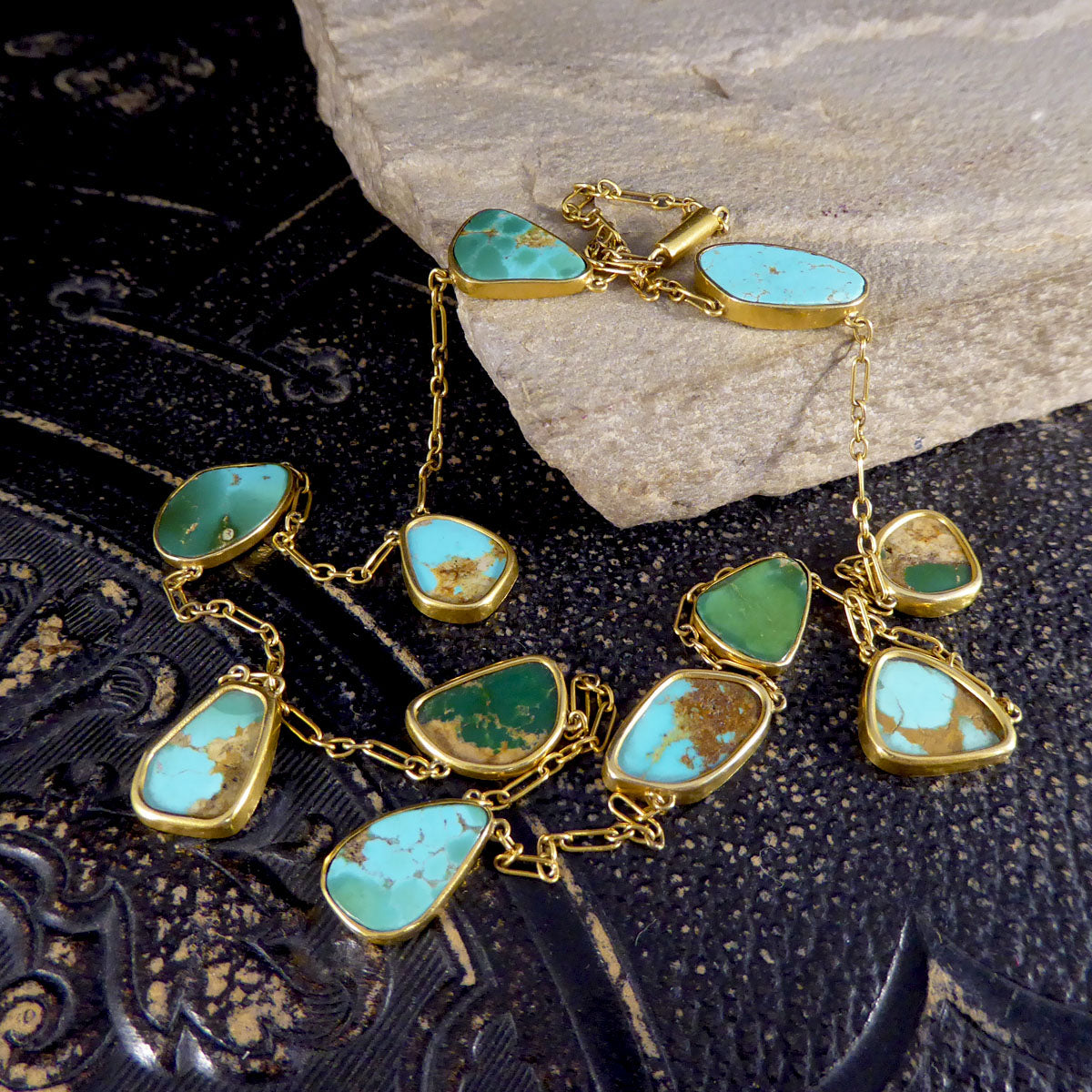Antique Collar set Turquoise Spacer Necklace in 15ct Yellow Gold - Wharfedale Antiques