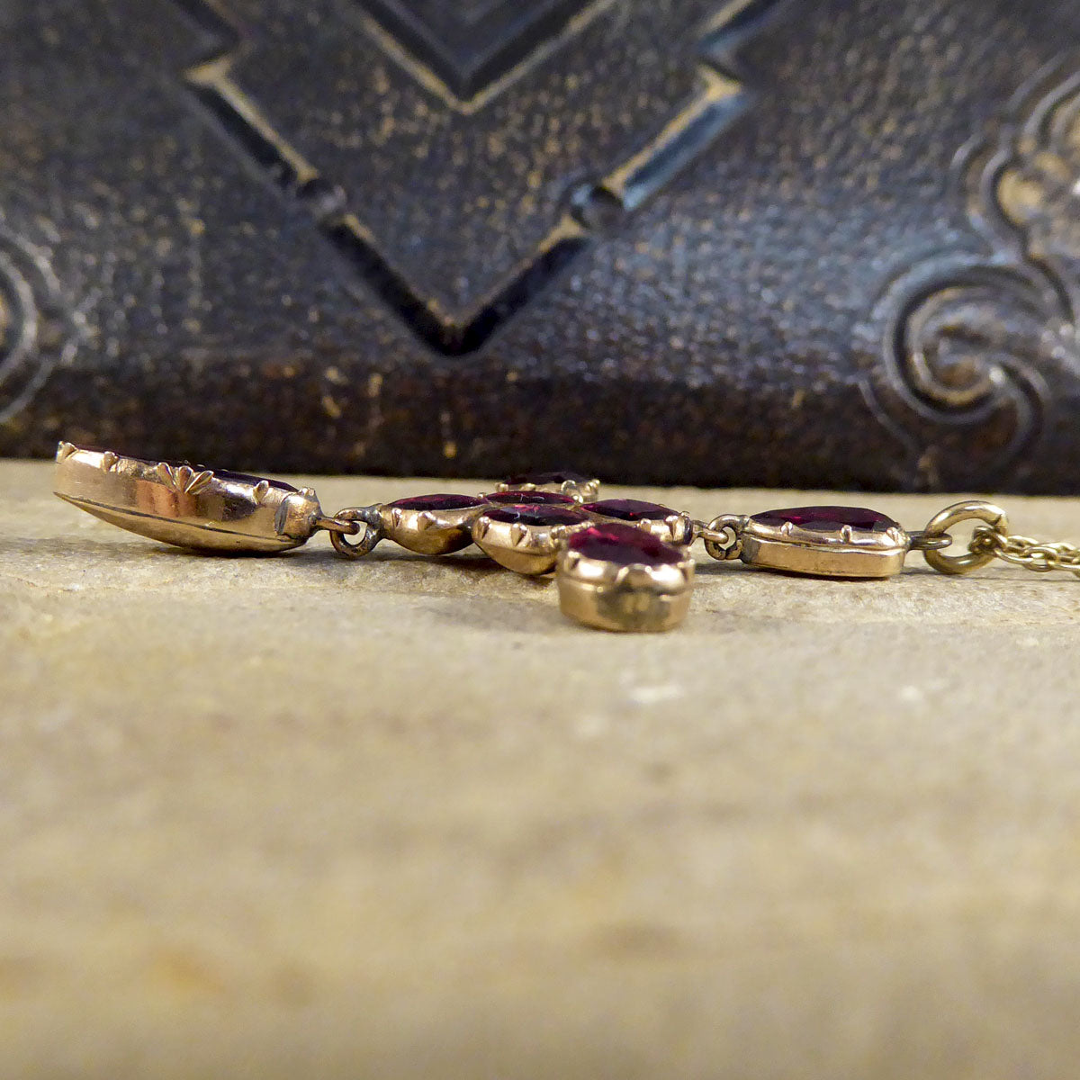 Antique Georgian Foiled Back Garnet Cross Drop Pendant Necklace in Yellow Gold - Wharfedale Antiques