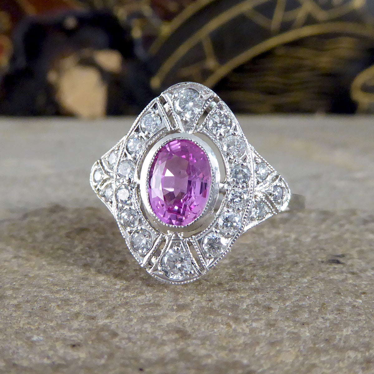 Art Deco Style Pink Sapphire and Diamond Navette Shaped Plaque Ring in Platinum - Wharfedale Antiques