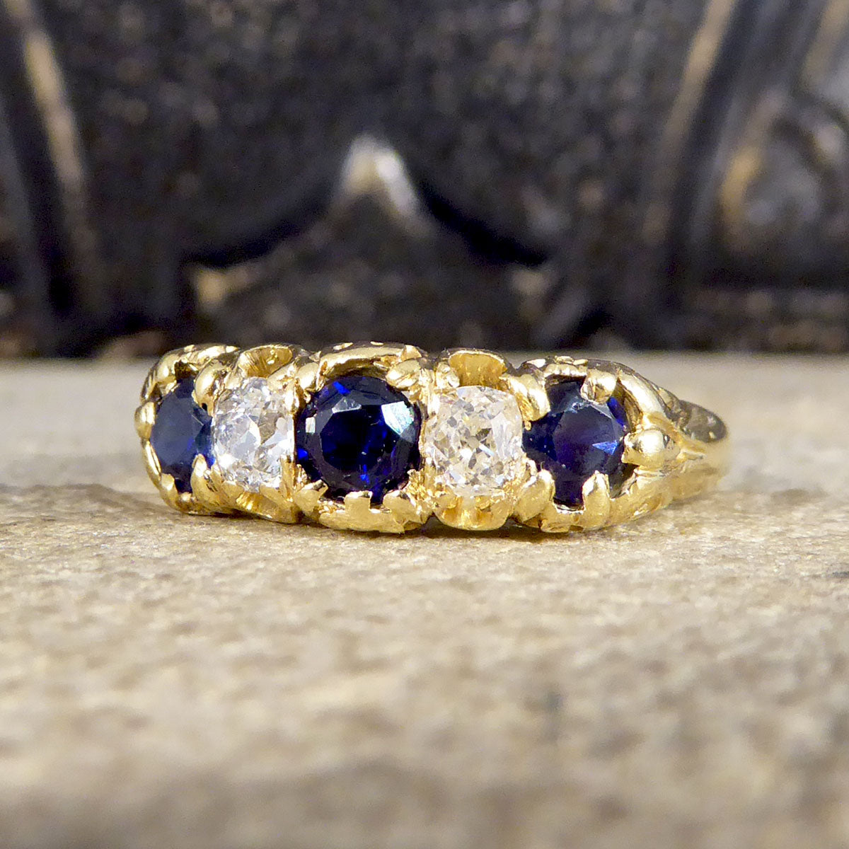 Antique Late Victorian Sapphire and Diamond Five Stone Ring in 18ct Yellow Gold - Wharfedale Antiques
