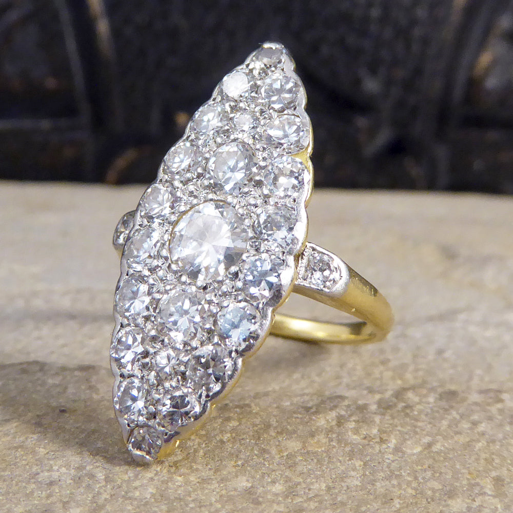 Edwardian 2.3ct Diamond Marquise Shaped Ring in 18ct Yellow Gold and Platinum - Wharfedale Antiques