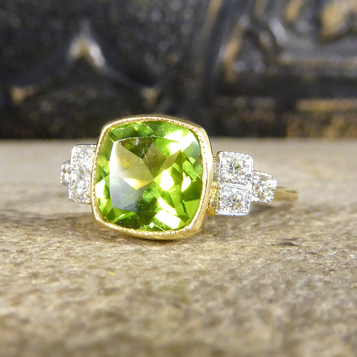 Edwardian Style Collar Set 2.12ct Peridot and Diamond Ring in 18ct White and Yellow Gold - Wharfedale Antiques