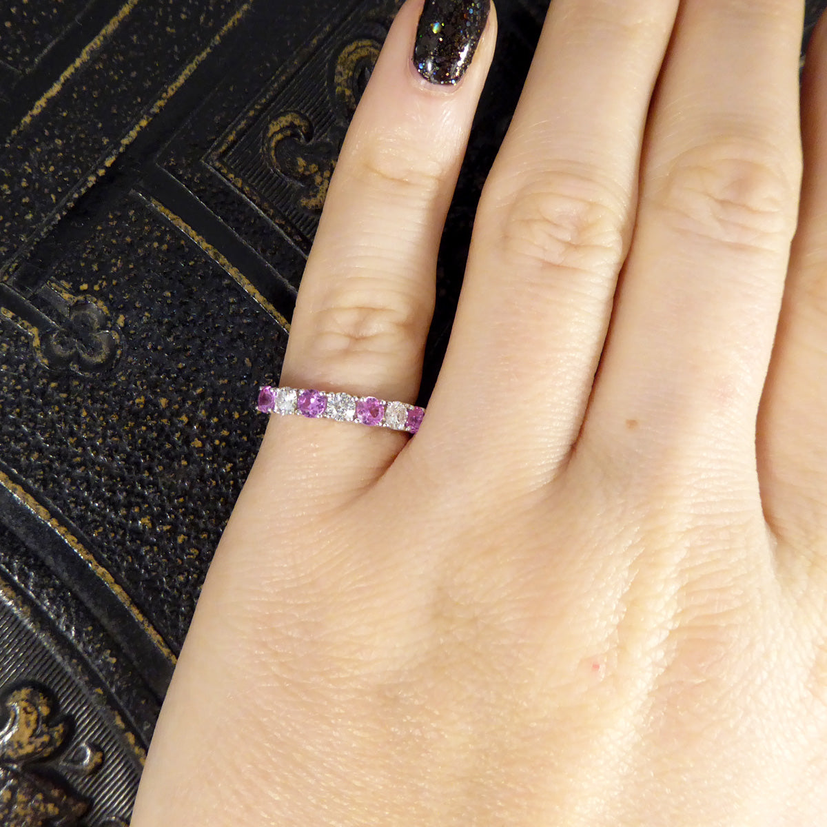 Pink Sapphire and Diamond Half Eternity Ring in 18ct White Gold - Wharfedale Antiques