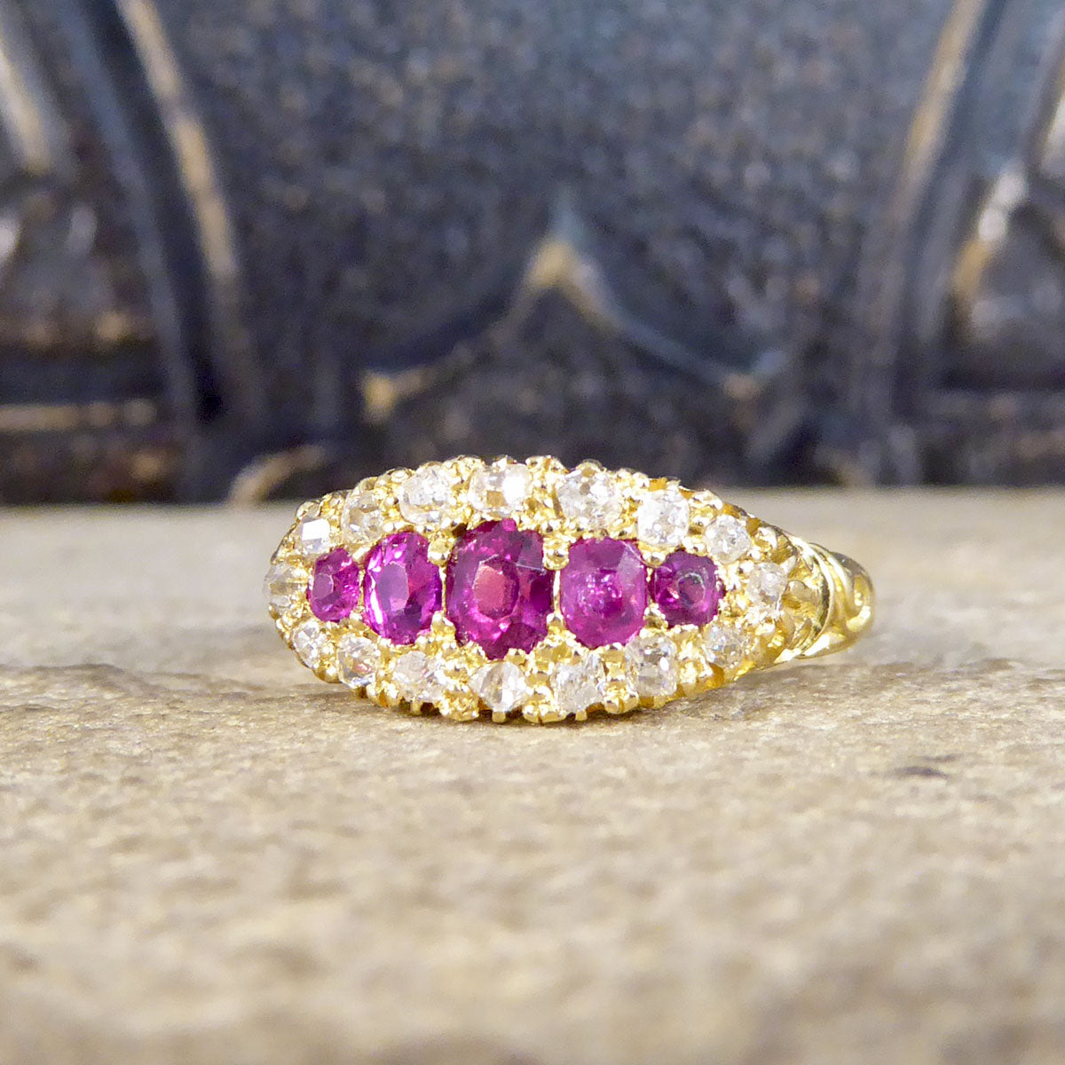 Late Victorian Ruby Five Stone and Diamond Cluster Ring in 18ct Yellow Gold - Wharfedale Antiques