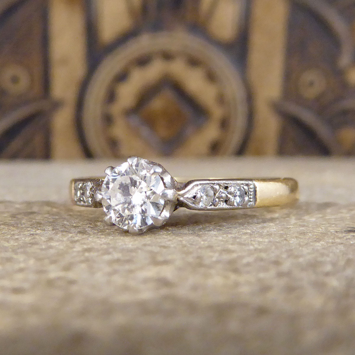 1920's Diamond Solitaire Ring with Diamond set Shoulders in 18ct Yellow Gold and Platinum - Wharfedale Antiques