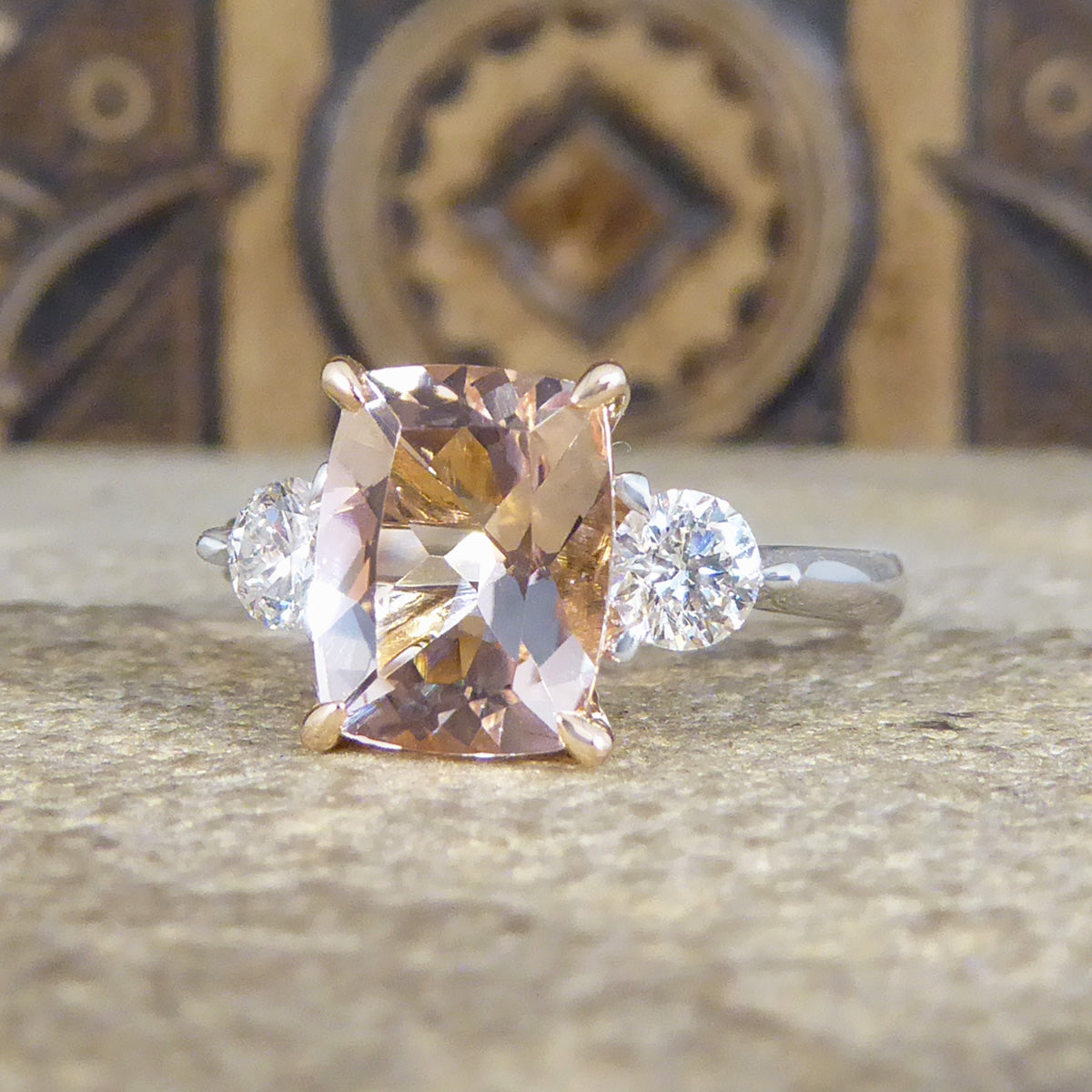 1.75ct Cushion Cut Pink Morganite and Diamond Three Stone Ring in 18ct Rose and White Gold - Wharfedale Antiques