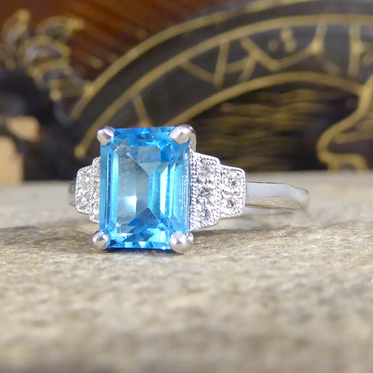Art Deco Replica Blue Topaz and Diamond Ring in 9ct White Gold - Wharfedale Antiques