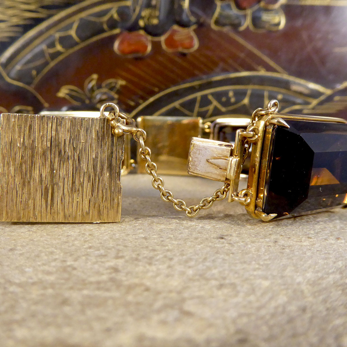 1970's Smokey Quartz Panel Bracelet in 9ct Yellow Gold with Bark Detail - Wharfedale Antiques
