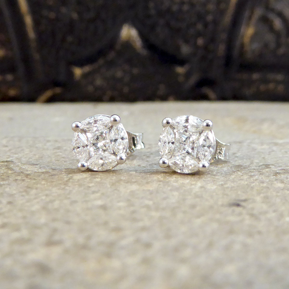Contemporary 0.50ct Diamond Cluster and 1.50ct Look Earrings in White Gold - Wharfedale Antiques