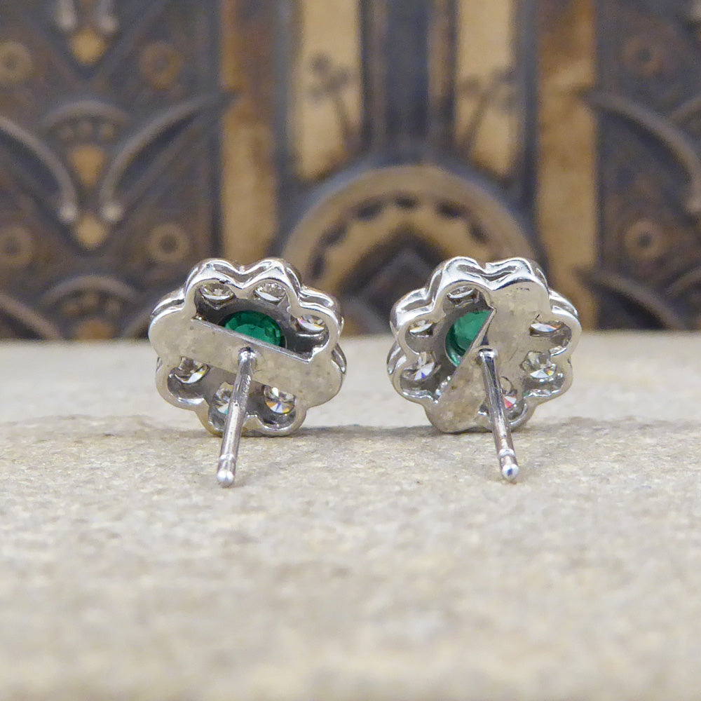 Contemporary Emerald and Diamond Cluster Earrings in 18ct White Gold - Wharfedale Antiques