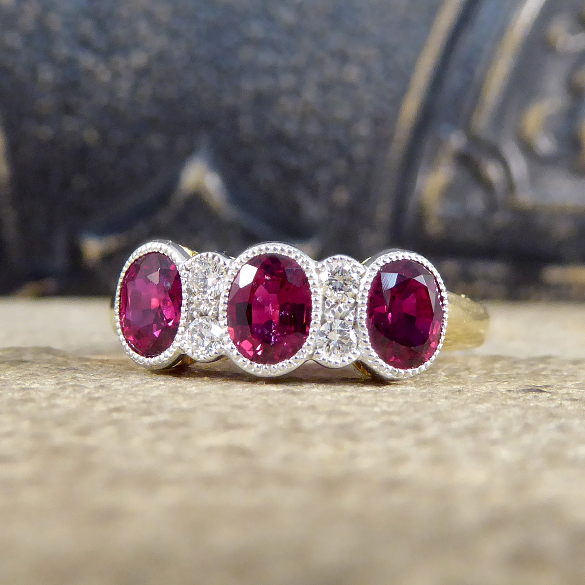 Quality Burma Ruby Three Stone Ring with Diamond Spacers in 18ct Yellow and White Gold - Wharfedale Antiques