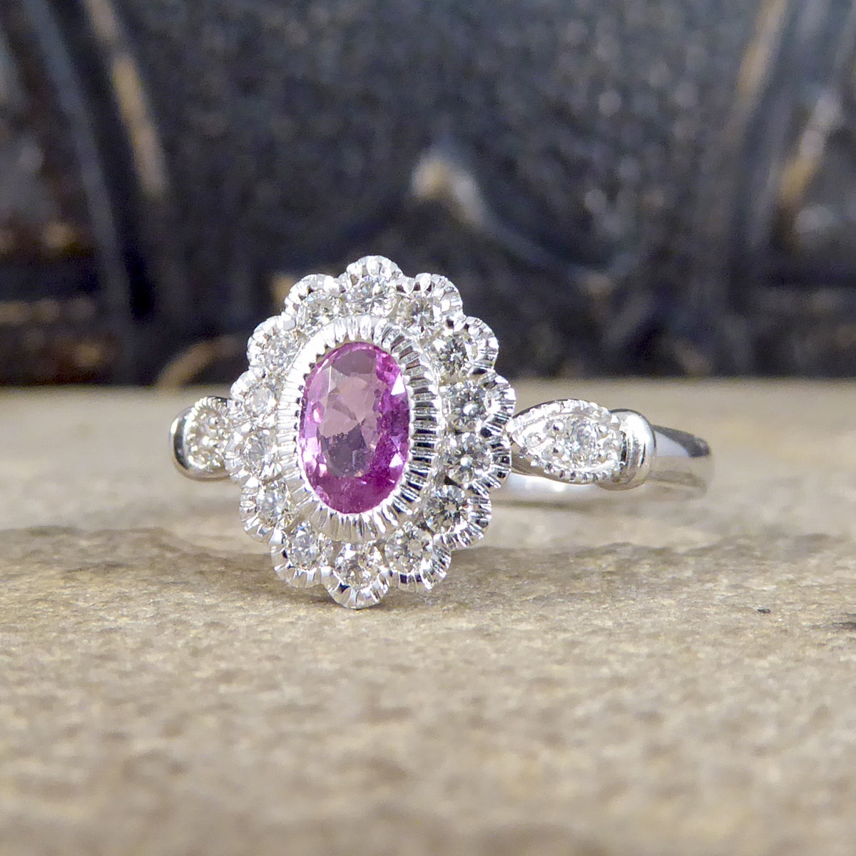 INSTAGRAM GIVEAWAY Pink Sapphire and Diamond Cluster Ring Mounted in Platinum - Wharfedale Antiques