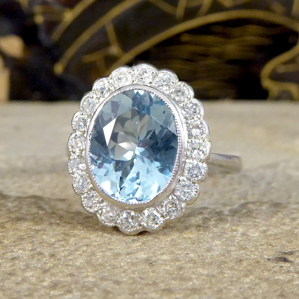 Edwardian Inspired 2.25ct Aquamarine and Diamond Cluster Ring in Platinum - Wharfedale Antiques