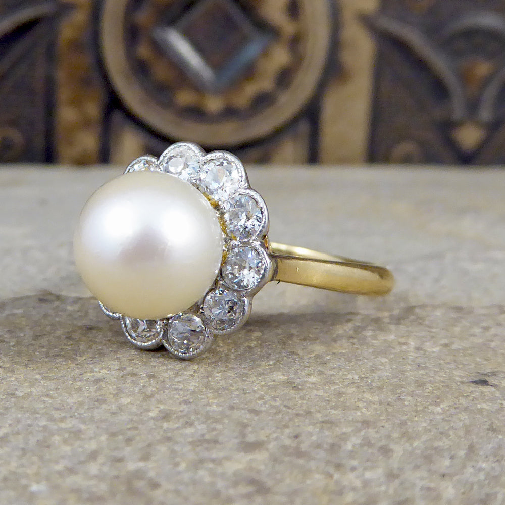1930's Cultured Pearl and Diamond Cluster Ring in 18ct Gold - Wharfedale Antiques