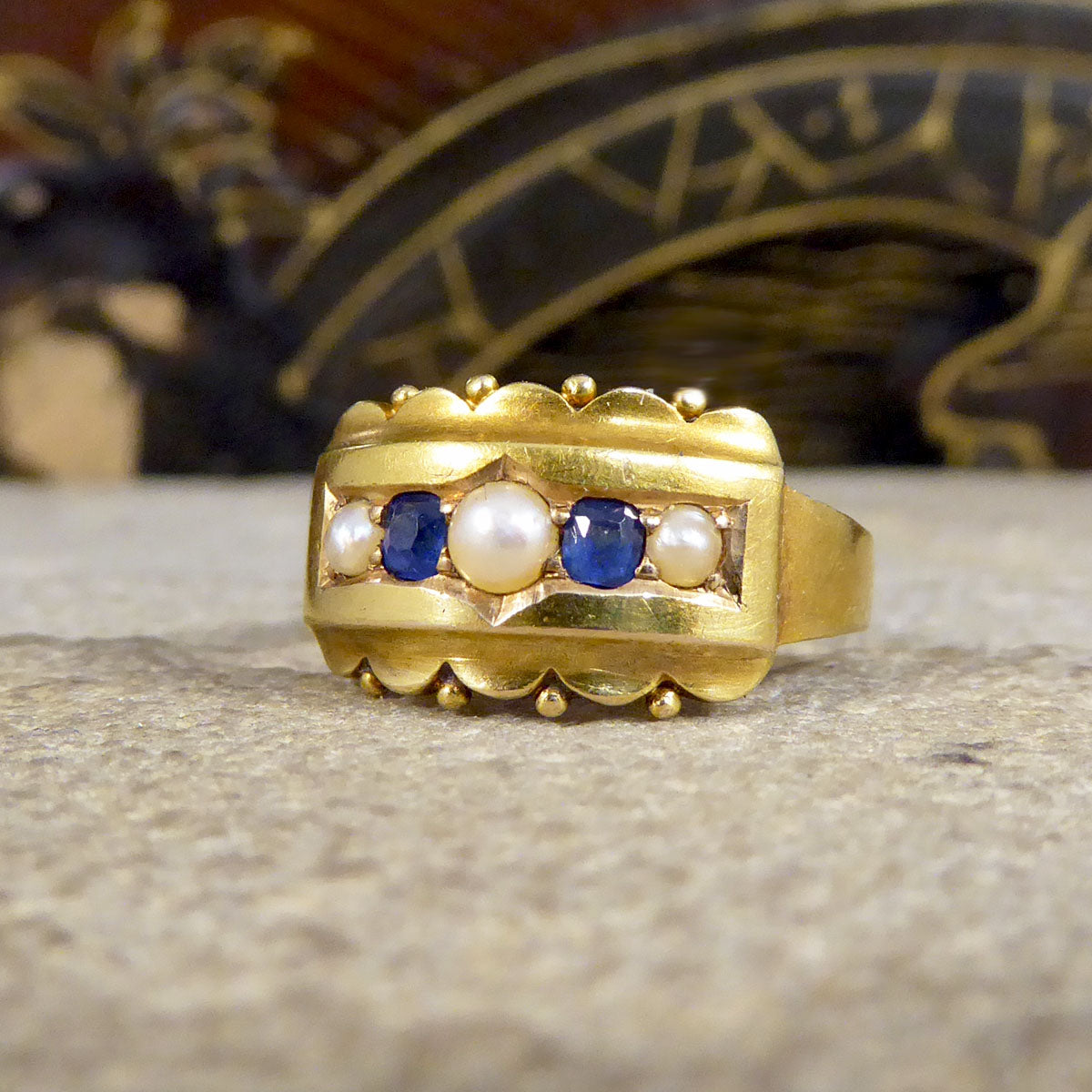 Antique Late Victorian Sapphire and Pearl Five Stone Ring in 15ct Yellow Gold - Wharfedale Antiques