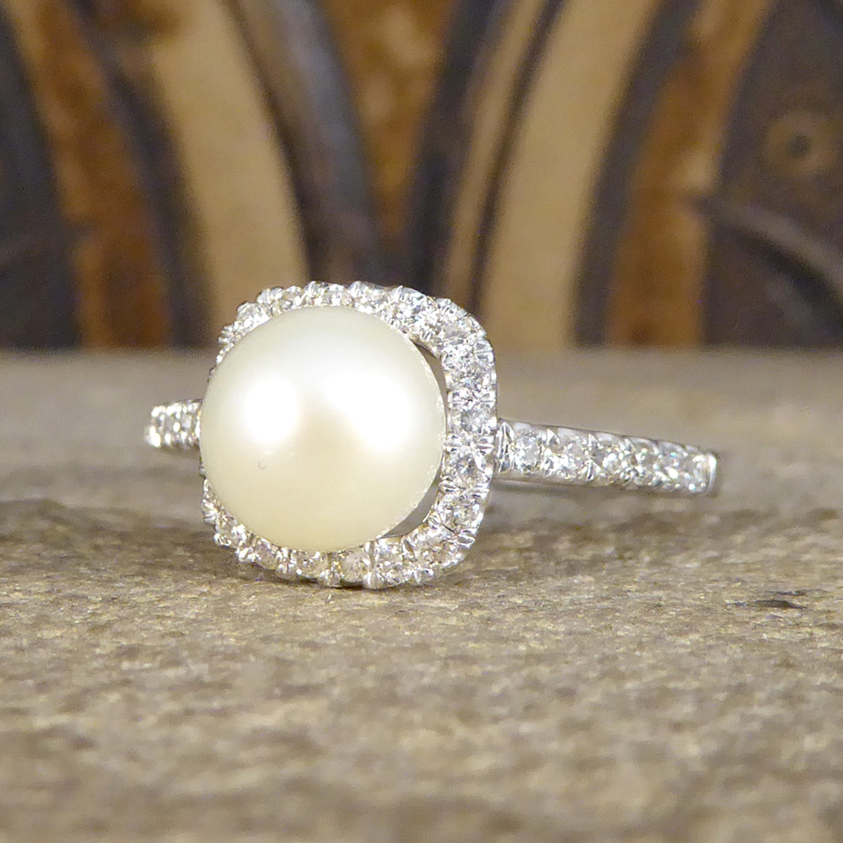 Fresh Water Culture Pearl and Diamond Square Halo Ring in White Gold - Wharfedale Antiques