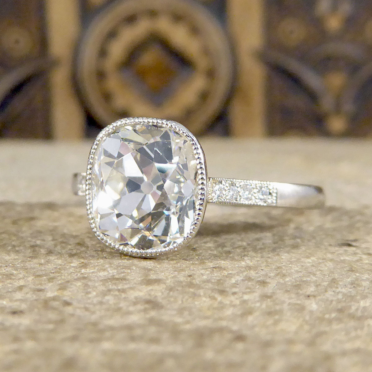 2.35ct Old Cushion Cut Diamond Collar Set Solitaire Engagement Ring with Diamond Shoulders in Platinum - Wharfedale Antiques