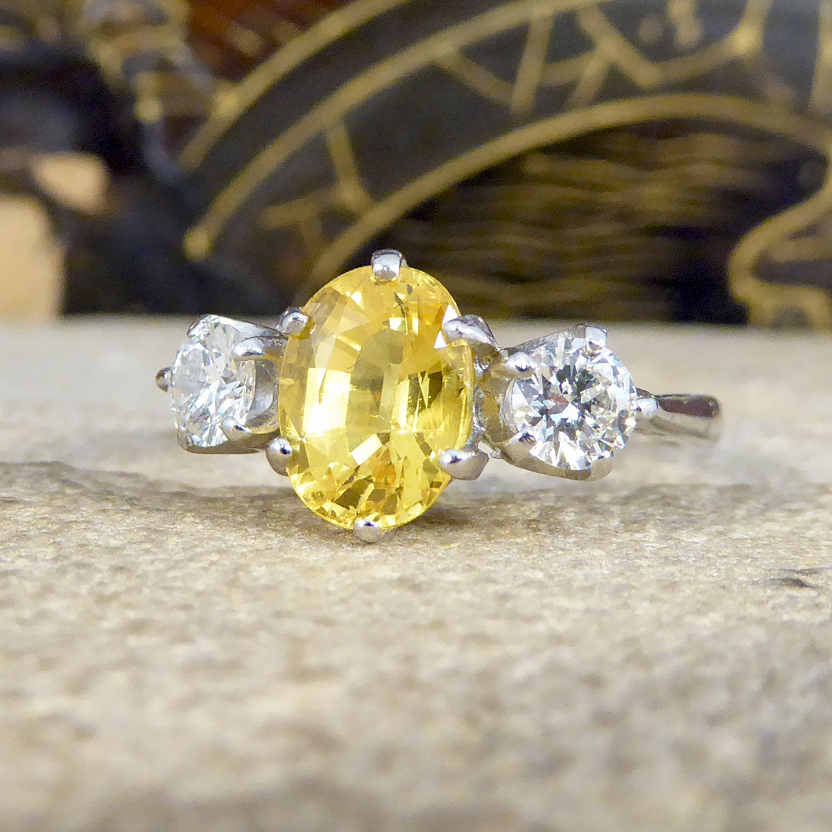 Contemporary 1.84ct Yellow Sapphire and Diamond Three Stone Ring in Platinum - Wharfedale Antiques