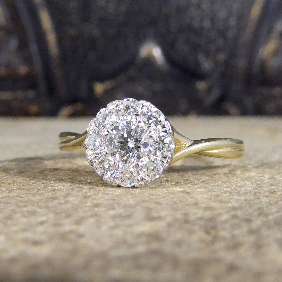 Contemporary 0.50ct Diamond Cluster and 1.75ct Solitaire Look Ring in Yellow Gold - Wharfedale Antiques